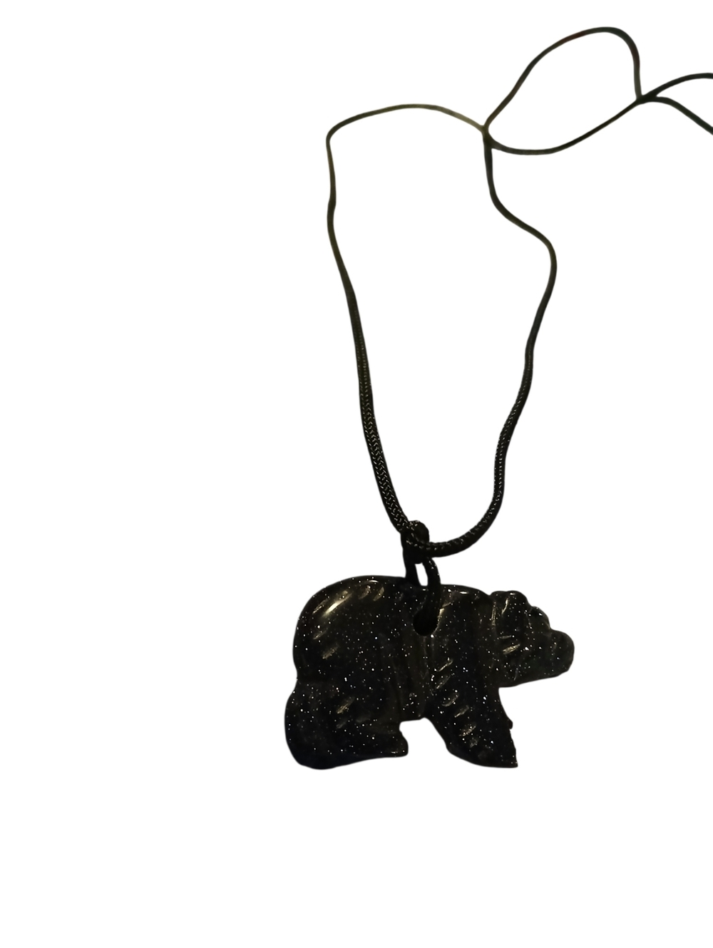 Handcarved Black Glitter Gemstone Bear Pendant Necklace On Black Cord Chain